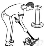 M12 Woman raking up near tap